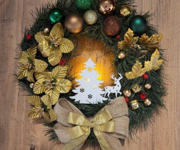 Yılbaşı Lüx Işıklı Kapı Süsü Çelenk Yeni Yıl Ev Dekorasyonu Duvar Dekoru Noel Hediyelik Gold-Gümüş (35 Cm)